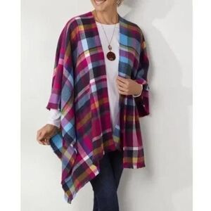 SOFT SURROUNDINGS Oodles Colorful Plaid Fringe Hem Shawl One Size Topper Wrap